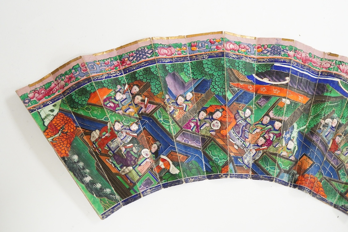 An unusual 19th century Chinese export gilt-decorated tortoiseshell and painted leaf fan, two English fans decorated with paper printed paper crests and a single sided Canton fan leaf lacking sticks, largest 23cm in leng
